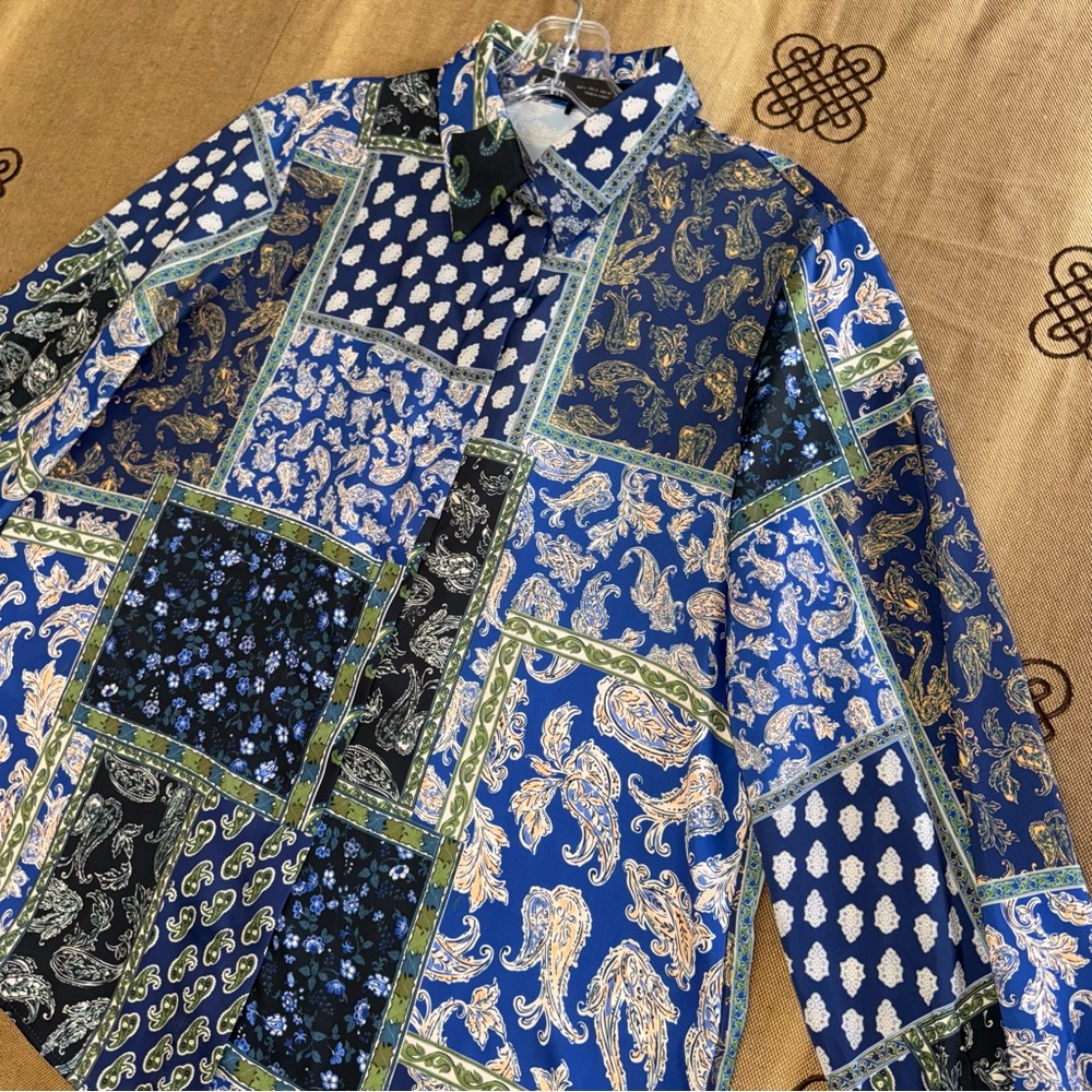 Zara Patchwork Print Satin Effect Long Sleeve But… - image 5